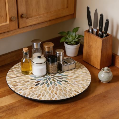 13.4" Mother of Pearl Lazy Susan, Table Centerpiece Round Shell Decorative Lazy Susan Turntable Rotating Tray Organizer for Cabinet Counter Gift Kitchen Office Cafe Home Decor (Beige Blue) - Image 6