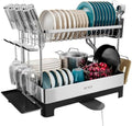 SUNLY 2 Tier Dish Drying Rack, Extra Large Dish Rack, Multifunctional Large Dish Drainers for Kitchen Counter, 304 Stainless Steel Kitchen Drying Rack, Bowl Drying Rack, Extendable Drain Spout, Black by SUNLYHOME