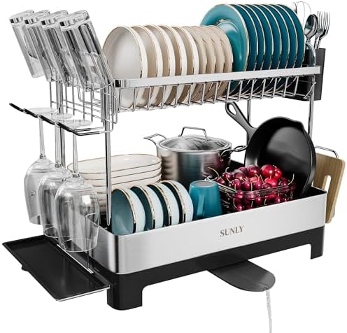 SUNLY 2 Tier Dish Drying Rack, Extra Large Dish Rack, Multifunctional Large Dish Drainers for Kitchen Counter, 304 Stainless Steel Kitchen Drying Rack, Bowl Drying Rack, Extendable Drain Spout, Black by SUNLYHOME