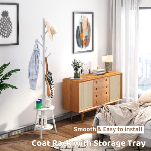 Freestanding Coat Rack with Umbrella Organizer Tray Bamboo Coat Tree Rack with 8 Hook Stand for Clothes Bag Hats Entryway Hanger Stand (Umbrella Tray, White) - Image 7