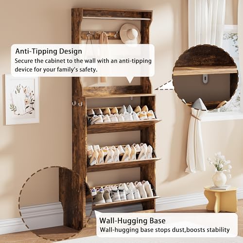 Brown Hidden Shoe Cabinet with 3 Flip Drawers & Coat Rack, Entryway - Image 6