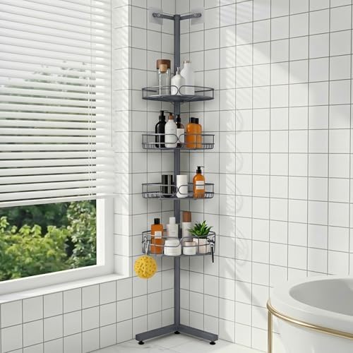 Standing Shower Caddy Corner, 4-Tier Adjustable Height Bathroom Organizer, 6-Section Pole, Sturdy Floor Standing Shelf for Shower – No Drilling, No Spring Tension (Gray) by Unknown