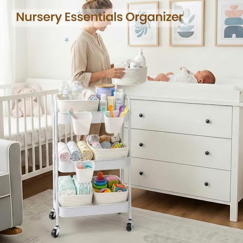 3-Tier Rolling Utility Cart with 4 Woven Baskets, Diaper Book Snack Cart, Storage Organizer for Nursery, Kitchen, Craft Room, Home SPA, Living Room, Metal Frame Trolley on Lockable Wheels, White - Image 3