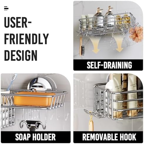 LEVERLOC Shower Caddy Suction Cup, 2 Pack Silver Bathroom Shower Organizer - Image 5