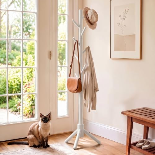 AMADA Solid Wooden Coat Rack Freestanding with 8 Hooks, White by AMADAHOMEFURNISHING