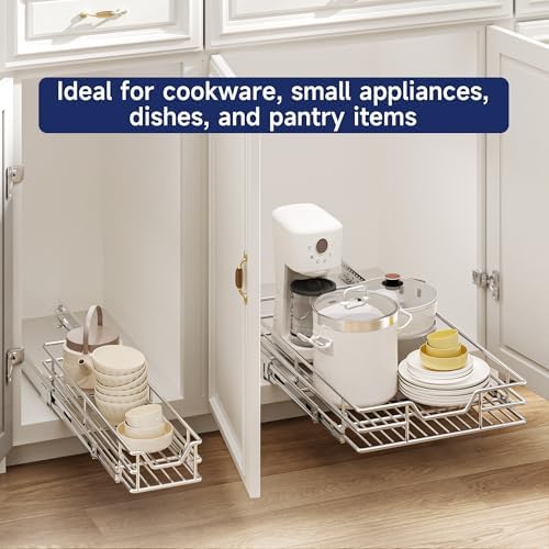 Pull Out Cabinet Organizer, 10.5" W x 21.5" D, Heavy Duty Chrome Slide Out Shelf for Narrow Base Cabinets, Sliding Wire Basket Drawer for Spices, Bottles, Snacks & Cleaning Supplies - Image 6