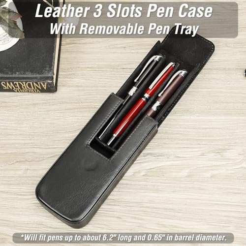 Top Grain Genuine Leather 3 Pen/Pencil Tray Case Organizer, Fashion Design No Logo, Handmade, Magnetic Closing with Drawer Design, Gift Choice for Man/Woman/Office, Glossy Black, 3 Slots - Image 3