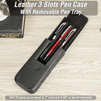 Top Grain Genuine Leather 3 Pen/Pencil Tray Case Organizer, Fashion Design No Logo, Handmade, Magnetic Closing with Drawer Design, Gift Choice for Man/Woman/Office, Glossy Black, 3 Slots - Image 3