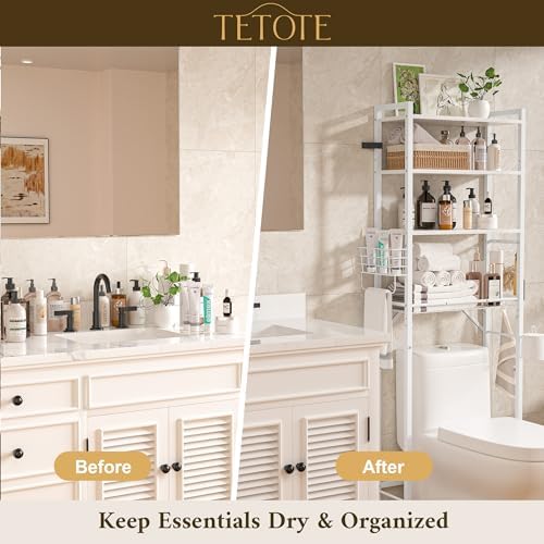 TETOTE Over-The-Toilet Storage Rack, 4-Tier Bathroom Organizer Shelf Over Toilet with Adjustable Shelf and Basket, Freestanding Space Saver Bathroom Shelves Above Toilet for Room(White) - Image 3