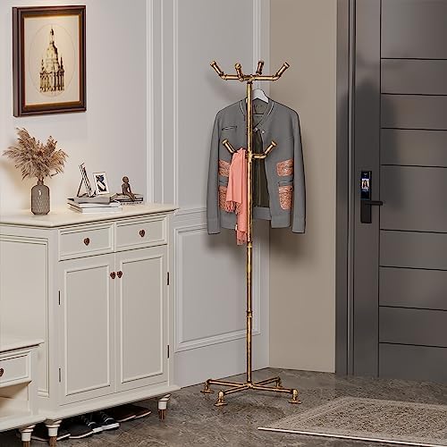 Industrial Coat Rack, Metal Pipe Coat Rack Stand Freestanding with 6 Hooks, Heavy Duty Coat Tree Sturdy Coat Racks for Entryway, Hallway, Bedroom (Vintage gold) - Image 3