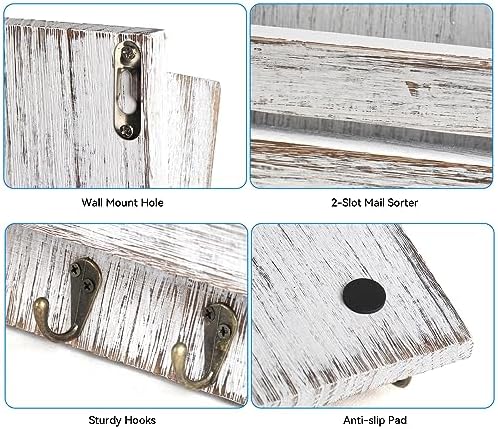 Mail Organizer Wall Mount with 4 Key Hooks, Rustic Wooden Hanging Mail Sorter Farmhouse Key Holder for Wall Decoration, 2-Slot Wall File and Magazines Bill Letter Holder - Image 3