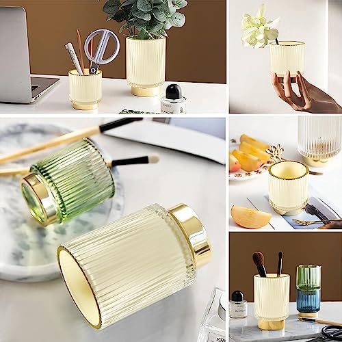 DASITON Makeup Brush holder Organizer,Crystal Cosmetic Makeup Brush Glass Brushes Storage Holder, Vintage Make Up Brush Cup Pen Pencil Holder striped vase(Cream S+L) - Image 3