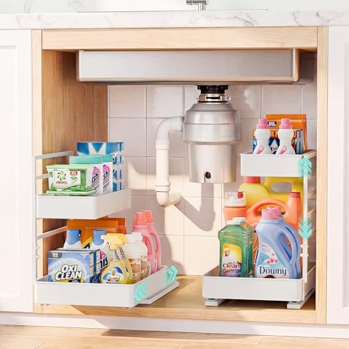 EVERIE Height Adjustable 2 Tier Metal Pull Out Slide Shelf Organizer for Framed or Frameless Under Sink Cabinets in Kitchen, Bathroom, with Snap-on Top Tray (White, 2 Sets) by EVERIE