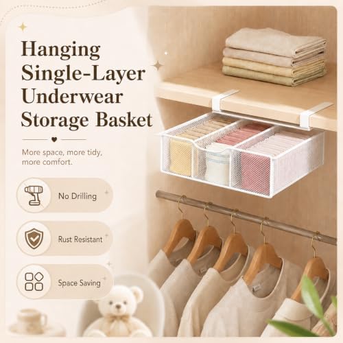 Underwear Organizer for Closet, Under Shelf Pull Out Mesh Basket with Dividers, Single Layer Hanging Drawer Organizer for Socks, Bras, Lingerie and Small Clothes (Single-story) - Image 3
