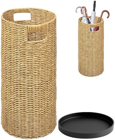 Rattan Umbrella Holder 21" H X 10" D, Handmade Wicker Umbrella Stand Indoor with Dip Tray, Sturdy Umbrella Holders for Entryway, Umbrella Bucket Fits Mudroom,Walking Canes,Home,Office (Oak) by Unknown