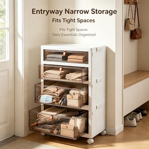 4-Tier Foldable Plastic Drawer Storage with Wheels,Stackable Storage Bins with Lid,Organization and Storage Boxes for Kitchen,Cloakroom,Closet,Living Room,Office and Dorm - Image 6