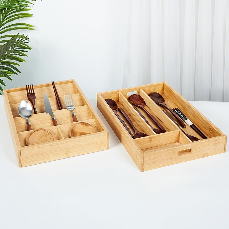 Bamboo Expandable Flatware Drawer Organizer Stackable Bamboo Silverware Drawer Organizer – 2-Tier Kitchen Utensil Tray with Compartments, Flatware Organizer for Spoons - Image 3