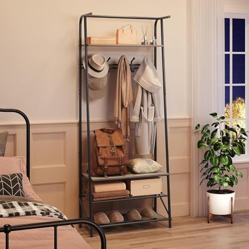 OUTLANE Entryway Hall Tree with 5 Hooks, Shoe Bench & Storage Shelf, Coat Rack Organizer with Wood Accents and Metal Frame for Entryway, Living Room, Bedroom, Gray-Single row - Image 4