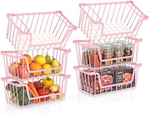 SUNALLY Stackable Storage Bins 6 Pcs Wire Baskets Freezer Organizer, Pink by SUNALLY