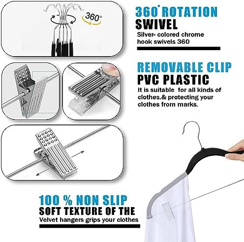 GVTECH Velvet Hangers with Clips, [24 Pack] Metal Clip Hangers for Pants - Notched Velvet Skirt Hangers for Pants, Skirts, Suit, Dresses & Shirts 360° Swivel Hook - Non Slip Felt Hangers (Black) - Image 4