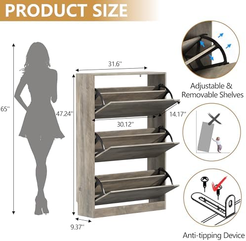 Wodeer Narrow Shoe Cabinet for Entryway, Slim Shoe Storage Cabinet with 3 Flip Drawers, Hidden Wood Shoe Cabinet Storage, Freestanding Shoe Rack Organizer Foyer, Hallway, Grey - Image 2