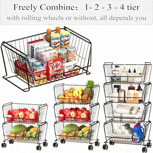 PUSDON 4-Tier Large Stackable Wire Storage Baskets with Wheels, Metal Rolling Utility Cart Organizer, Produce Basket for Kitchen Pantry, Floor Shelf, Vintage Bronze - Image 7