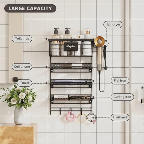Magheo Hair Dryer Holder Wall Mounted, Adheisve Hair Tool Organizer for hair Brush/Appliance Wall Mount with 5 Tier Shelf Basket Hooks Blow Dryer and Straightener Holder for Bathroom(Black) - Image 3
