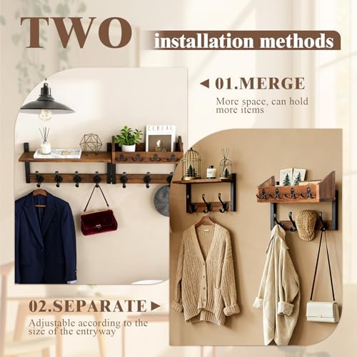 ZOCONE 29" Wood Coat Rack Wall Mount with Shelf, Separable Coat and Key Holder Wall Mount, Entryway Coat Rack with Carbon Steel Fixing Rod for Greater Load-Bearing and Stability, Living Room,Bedroom - Image 4