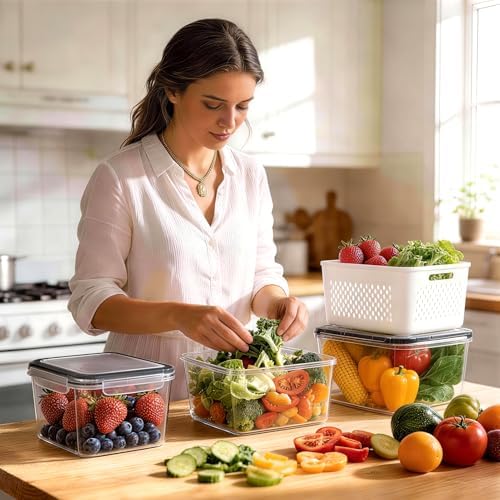 HOMETALL 8 Pack Fruit Storage Containers for Fridge, Produce Containers for Fridge with Colander, Leakproof Fridge Organizers and Storage for Berry Vegetable Salad Lettuce Meat Food - Image 5