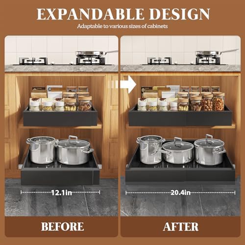Seinloes 4 Pack Expandable Pull Out Cabinet Organizer 21"Deep With Raising Pad for Framed Cabinets,Upgrade 3 Slide Rails Slide Out Drawers,No Drill Roll Out Shelves,Adjustable Width 12.1"-20.4" Black - Image 4