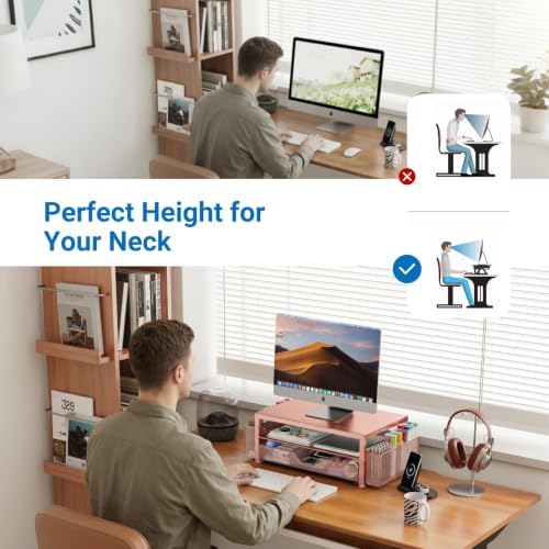 OPNICE Desk Organizers and Accessories, Computer Monitor Stand Riser with Drawer and 2 Pen Holders, Printer & Laptop Stand, Office Desk Accessories & Workspace Organizers for Home Office Supplies, Rose Gold - Image 3