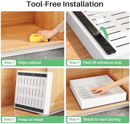 2Pack Pull out Cabinet Organizer, 21"Deep, Heavy Duty Full-extension Slide out Drawers for Kitchen Cabinet, Roll out Shelf Storage with Nano Adhesive for Pots,12"W x 21"D x 3.1"H, White - Image 7