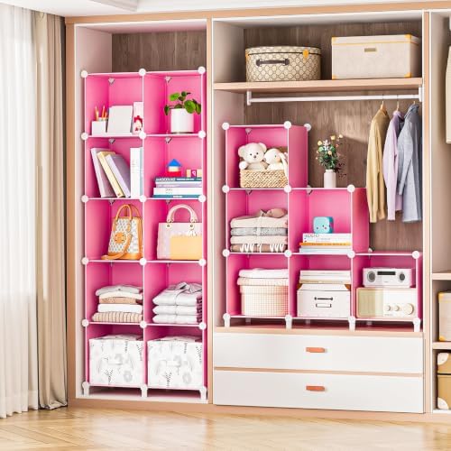 Neprock 16 Cubby Storage Organizer, Closet Clothes Storage Organizer, Cube Shelves Closet Organizers and Storage Shelves for Clothing Storage with Hammer, Bookshelf for Kids（Pink） - Image 4