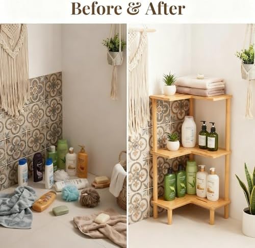Corner Shelves Shower Caddy Stand 3-Tier,Bamboo Space Saving Shower Organizer,With Anti-Slip Feet,Bathroom Shelves for Inside Shower,Large Capacity,Storage in Showers, Kitchens and Living Room - Image 5