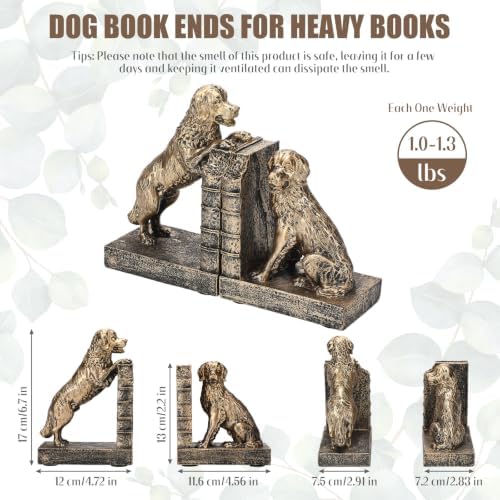 Tatuo 2 Pcs Decorative Golden Brass Dog Bookends for Shelves - Image 2