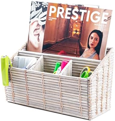 Rattan Desk Organizer – 4-Slot Letter Holder & Mail Organizer Countertop, 12.5"x6"x7.75" Wicker Mail Basket w/Metal Frame for Side Table, Boho Office Decor (White Wash) by Goraffia