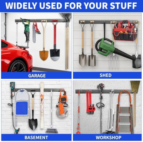 Garage Tool Organizer Wall Mount, 64 Inch Heavy Duty Garden Tool Organizer Storage System, Easy Install with 8 Adjustable Hooks, for Garage, Basement, Shed, Workshop, Black, Steel - Image 6