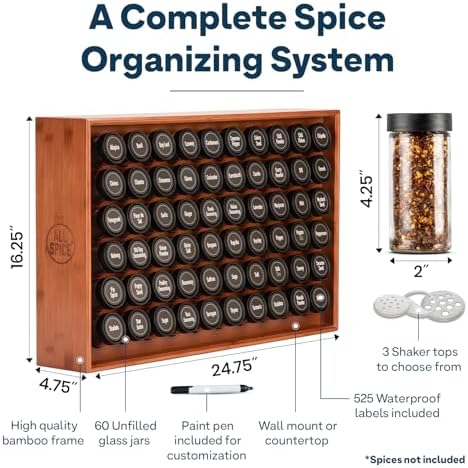 AllSpice Spice Rack Organizer, Wood, 525 Unique Labels, Countertop or Wall Mount, Includes 60 4oz Jars- Cherry Stain - Image 3