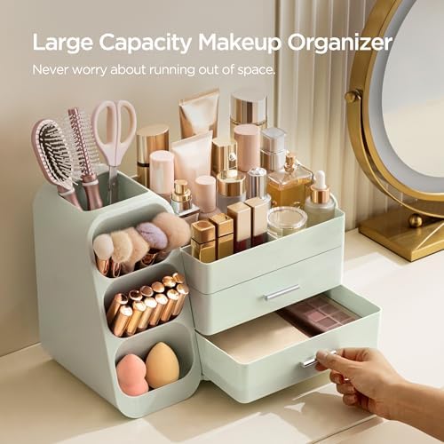 HBlife Makeup Organizer with Brush Holder for Vanity, Large Plastic Bathroom Countertop Organizer Skin Care Storage, Easy to Store Lipsticks, Nail Polishes, Perfumes, Eyeshadow Palettes, All Green - Image 4