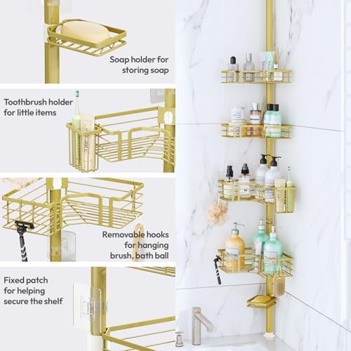 SWTYMIKI Shower Caddy Tension Pole - 4-Tier Corner Shower Organizer Tension Rod with Soap Holder, Toothbrush Holder & 4 Hooks, Adjustable Stainless Steel Shower Shelves 27.6 to 108.3 inch, Gold - Image 4