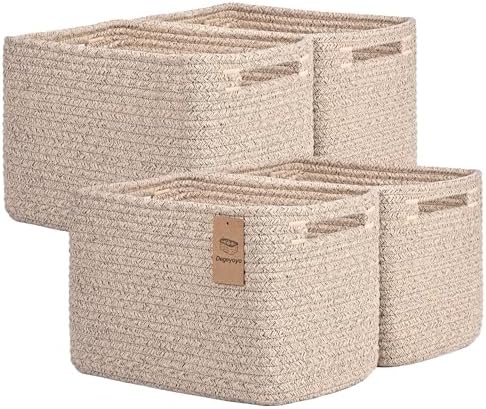 Storage Baskets for Organizing, 4 Pack Baskets for Shelves, Decorative Storage Bins for Shelves, Cotton Rope Storage Basket with Handles, Woven Basket for Storage, 13''Lx8.7''Wx7.9''H, Brown by Degeyoyo