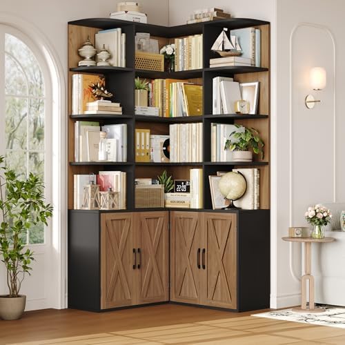 FINETONES 74" Tall Corner Bookshelf, Wooden Bookshelf with Doors by finetones