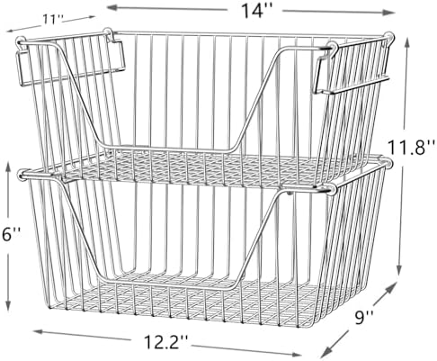Slideep 14'' Large Stackable Storage Baskets Cabinet Organizer Sturdy Metal Wire Pantry Freezer Bin for Pantry Home Bathroom Kitchen Organization 2 Packs - Image 2