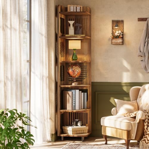 Tribesigns 6-Tier Corner Bookshelf, Tall Narrow Corner Shelf Bookcase with Hollow Design, Farmhouse Skinny Display Shelf for Living Room, Bedroom, Small Space, Yellow - Image 3