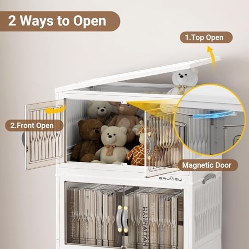BROVIEW 400Qt Stackable Storage Bins with Lid, Extra Large Closet Organizer Collapsible Drawer Boxes with Wheels, Folding Plastic Cabinet Containers for Home Kitchen Room Organization, 5Pack White - Image 3