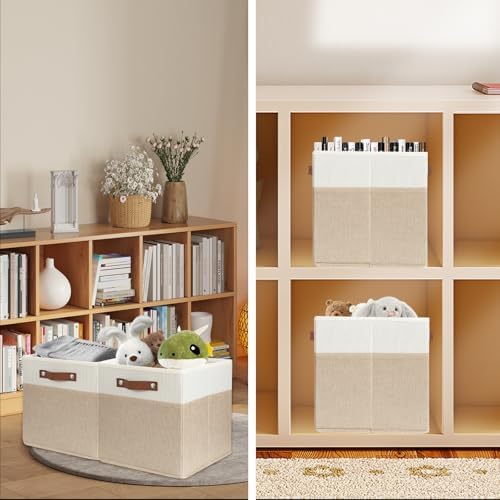 SNWDN 6 Pack Collapsible Fabric Storage Baskets with Handles (White/Beige 11x11x11 Inches) - Image 6