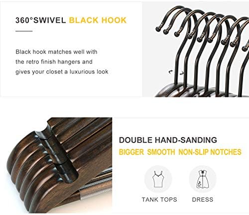 TOPIA HANGER Heavy Duty Wood Coat Hangers in Smooth Retro Finish, Boutique Quality Wooden Suit Hangers-Thicker Non-Slip Rubber Pants Bar and Extra Smoothly Cut Notches-360° Black Hook-18 Pack CT04A - Image 3
