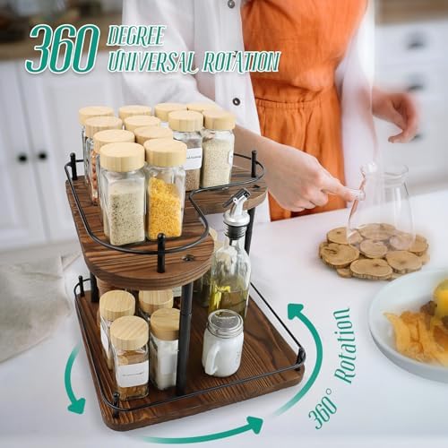 2 Tier Wooden Spice Rack Organizer, 360° Rotating Lazy Susan, 11.8 Inch Large Capacity Countertop Spice Shelf, Adjustable Height, Pine Wood, for Kitchen Bathroom Cosmetic Storage gift set - Image 3