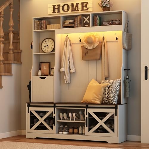 75''H 59''W Large LED Farmhouse Hall Tree with Bench and Shoe Storage,Entryway Bench with Coat Rack,16 Shoe Cubbies & Umbrella Holder and Sock Storage Drawer,Mudroom/Hallway Storages Cabinet(white ) by chartustriable