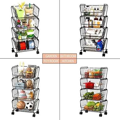PUSDON 4-Tier Large Stackable Wire Storage Baskets with Wheels, Metal Rolling Utility Cart Organizer, Produce Basket for Kitchen Pantry, Floor Shelf, Matte Black - Image 6